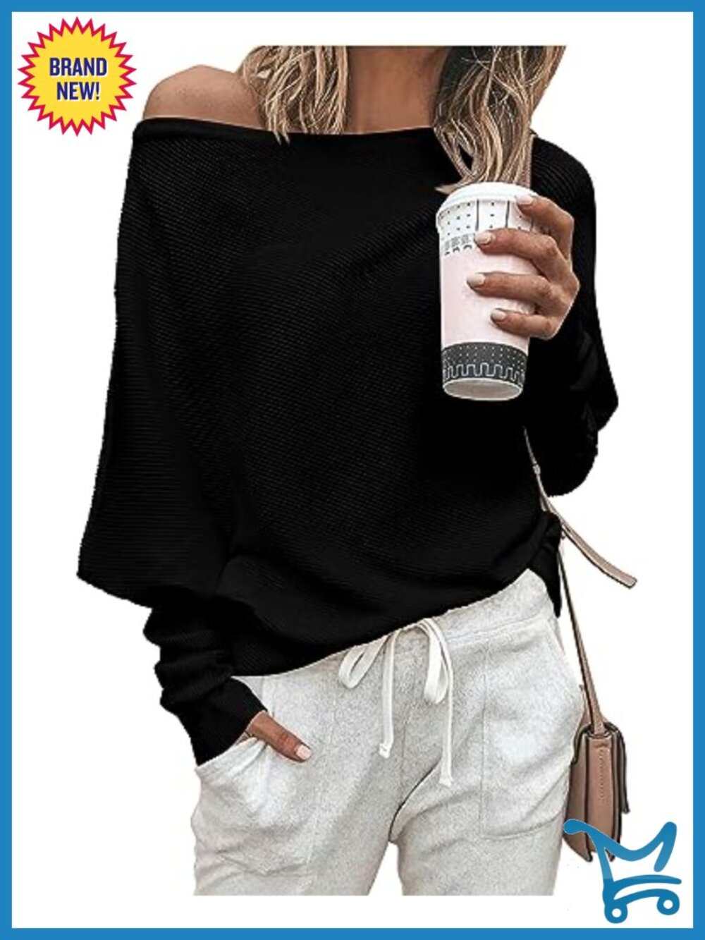 Off The Shoulder Batwing Knit Pullover Sweater Loose Fit Long Sleeve